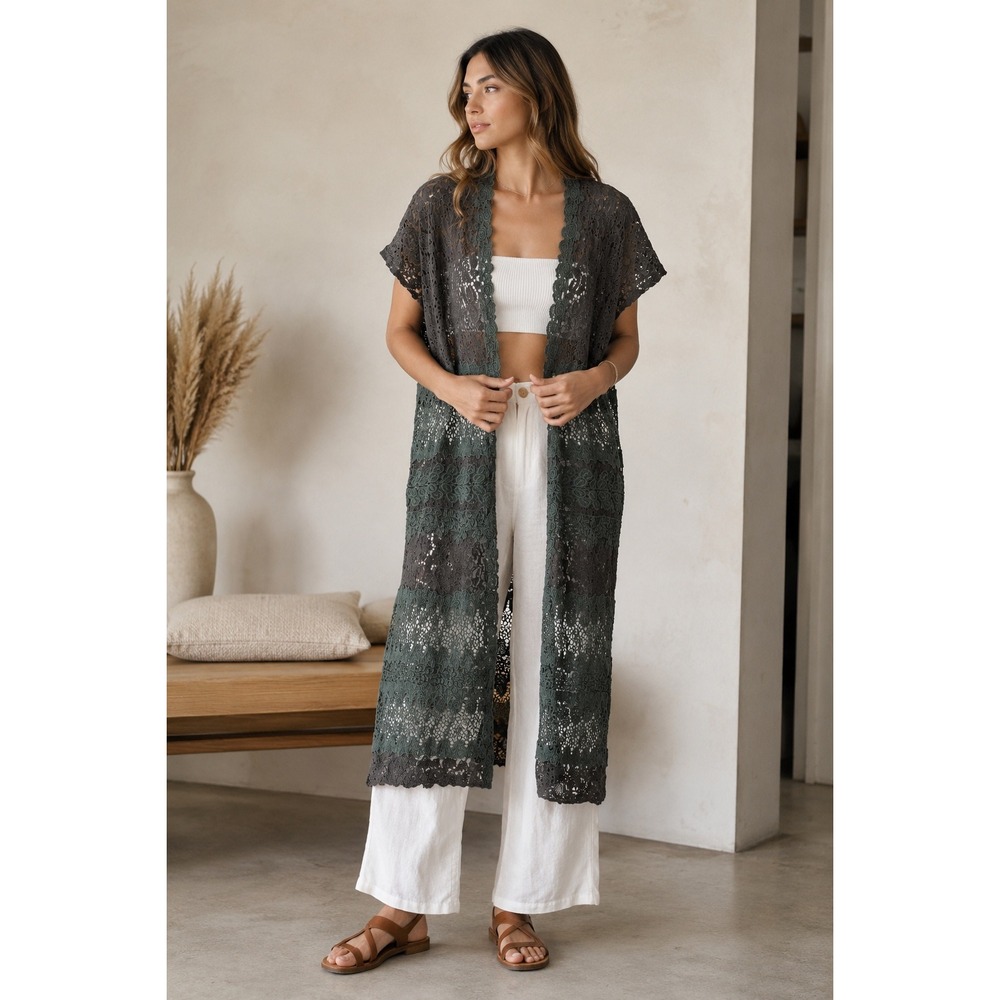 POL Longline Crochet Lace Cardigan Kimono Green‎ Grey Boho Duster Beach Womens S